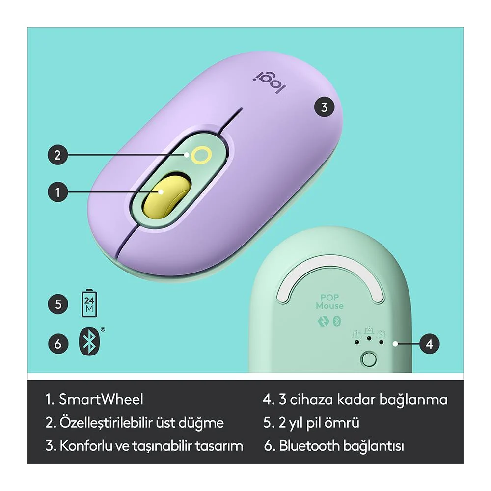 Logitech Pop Blast Emoji Tuşlu Silent Sessiz  Kablosuz Mouse  Mint Lila